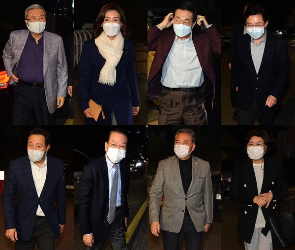 국민의힘 김종인 비상대책위원장이 2일 서울 종로구 한 한식당에서 내년 서울시장 보궐선거 전략 관련 의견 수렴차 서울지역 당 중진 정치인들과 만찬 회동을 하기 위해 들어서고 있다. (사진 윗줄 왼쪽부터 시계방향으로)김 위원장, 나경원, 김성태, 김용태, 이혜훈, 박진, 권영세, 오세훈 / 사진=[뉴시스]