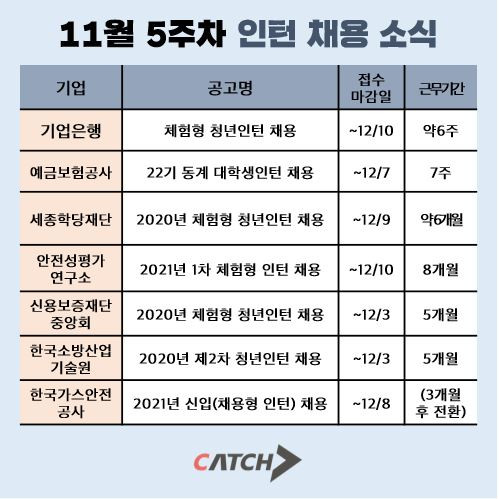 캐치가 공개한 11월 5주차 공공기관, 공기업 인턴 채용 소식 모음