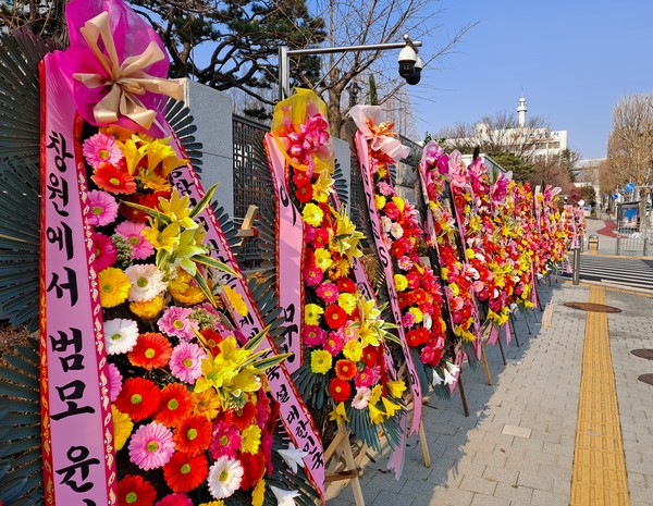 26일 서울 서초구 대검찰청 정문 앞에 윤석열 검찰총장 복귀를 축하하는 내용의 화환이 길게 늘어서 있다. 2020.12.26 / 사진=[뉴시스]