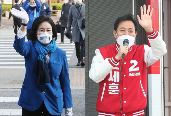 서울시장 재보궐선거에 출마한 박영선(왼쪽) 더불어민주당 후보와 오세훈 국민의힘 후보가 25일 오전 구로역과 응암역에서 각각 선거 유세를 하며 지지를 호소하고 있다. 2021.03.25 / 사진=[뉴시스]