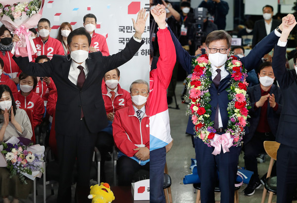 오세훈(왼쪽) 국민의힘 서울시장 후보와 박형준 부산시장 후보가 8일 새벽과 7일 밤 각각 서울 여의도 중앙당사와 부산진구 선거사무소에서 당선이 확실시 되자 환호하고 있다.2021.04.08 / 사진=[공동취재사진]