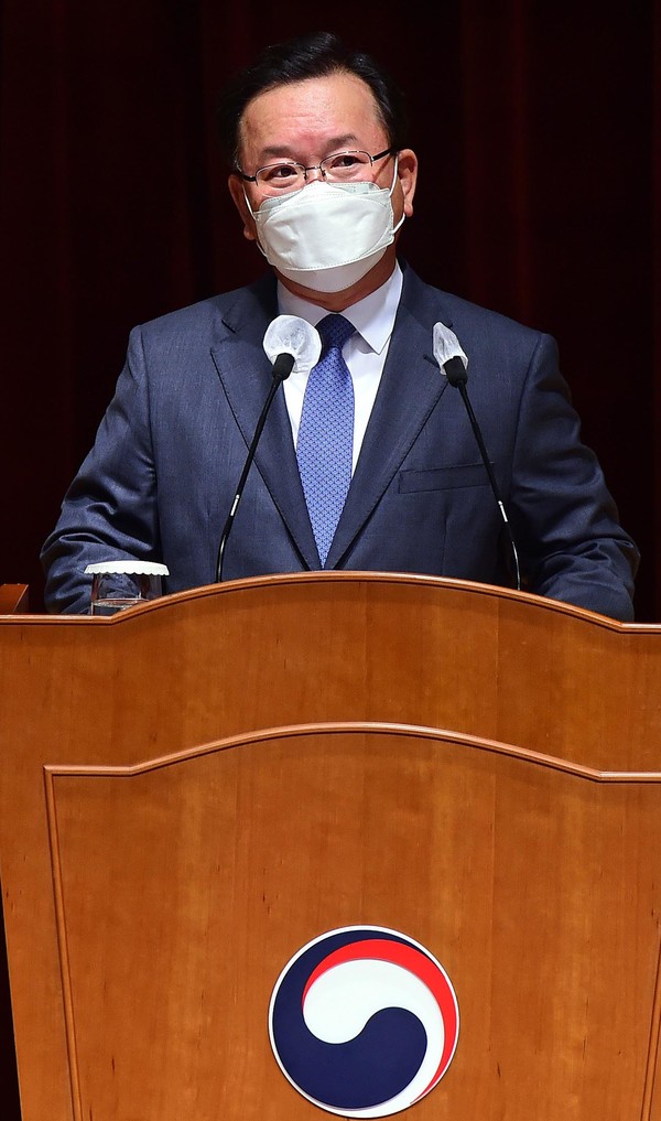 김부겸 신임 국무총리가 14일 서울 종로구 정부서울청사 별관에서 열린 취임식에서 취임사를 하고 있다.2021.05.14 / 사진=[공동취재사진]