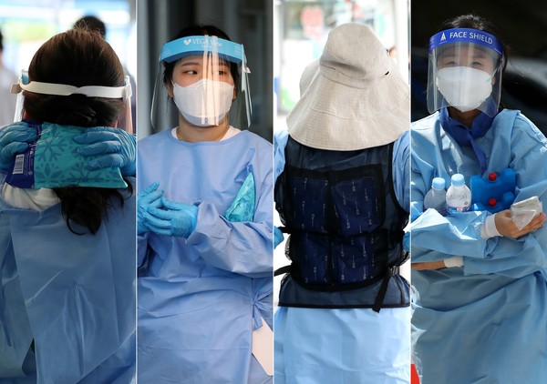 코로나19 확산속 의료진들이 4일 서울 도심 곳곳 코로나19 선별진료소에서 폭염과 사투를 벌이고 있다. 왼쪽부터 동작구보건소에서 목 뒤로 얼음 대는 의료진, 동작구보건소에서 얼음 끼고 있는 의료진, 동작구보건소에서 얼음조끼 동여매는 의료진, 은평구 드라이브스루 선별진료소에서 동료를 위해 얼음물과 냉매제 챙겨오는 의료진. 2021.08.04 / 사진=[뉴시스]