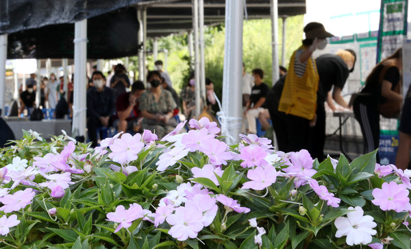 18일 오후 서울 마포구 서강대역사 광장 임시선별검사소에 가로화분이 설치돼 있다. 서울시는 코로나19 장기화로 침체된 상권을 비롯한 시내 34곳에 꽃길을 조성한다고 밝혔다. 2021.08.18 / 사진=[뉴시스]
