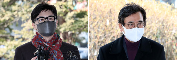 한동훈(왼쪽사진) 사법연수원 부원장과 유시민 전 노무현재단 이사장이 27일 오후 서울 마포구 서부지법에서 열린 명예훼손 혐의 3차공판에 출석하고 있다. 2022.01.27 / 사진=[뉴시스]