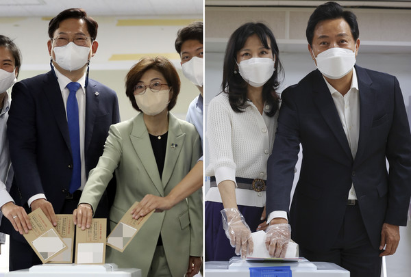 송영길(왼쪽 사진) 더불어민주당 서울시장 후보와 오세훈 국민의힘 서울시장 후보가 제8회 전국동시지방선거 사전투표 첫날인 27일 서울 용산구 이촌제1동 사전투표소와 서울 광진구 자양제3동사전투표소에서 각각 투표를 하고 있다. 2022.05.27 / 사진=[뉴시스]