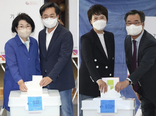 김동연(왼쪽 사진) 더불어민주당 경기도지사 후보와 김은혜 국민의힘 경기도지사 후보가 제8회 전국동시지방선거 사전투표 첫날인 27일 오전 경기 수원 영통구 광교1동사전투표소와 경기 성남 분당구 운중동사전투표소에서 각각 사전투표를 하고 있다. 2022.05.27 / 사진=[국회사진기자단]