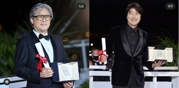 지난 28일 프랑스 칸 뤼미에르대극장서 열린 칸국제영화제에서 박찬욱 감독상, 송강호 남우주연상을 받고 있다 / 사진 출처=[hypebeastkr 인스타그램]
