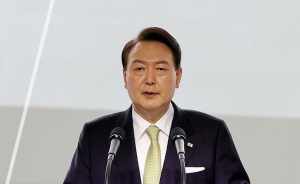 윤석열 대통령이 28일 울산 현대중공업에서 열린 정조대왕함 진수식에서 축사하고 있다. .2022.07.28 / 사진=[뉴시스]