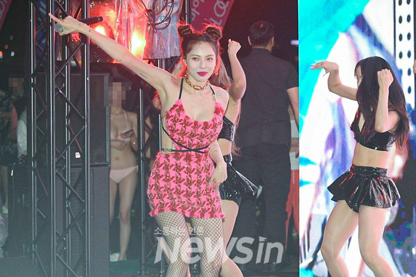 ▲가수 현아가 '메타썸머 풀파티 인 반얀트리' 축하 무대를 펼치고 있다. (사진=민경찬 기자)