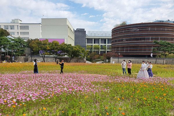 가을 날씨를 보인 21일 오후 개방된 서울 종로구 송현녹지공원에 시민들이 나와 꽃밭을 배경으로 사진을 찍고 있다.
