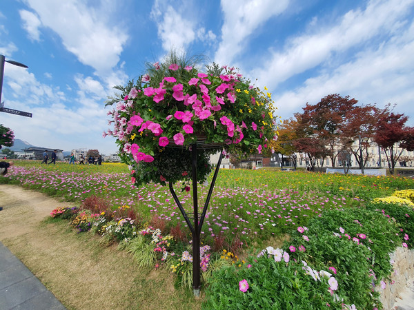 가을 날씨를 보인 21일 오후 개방된 서울 종로구 송현녹지공원에 시민들이 점심시간을 맞아 산책을 하고 있다.