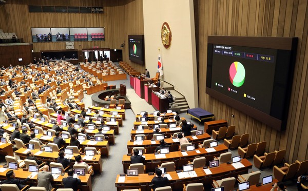 30일 오후 서울 여의도 국회 본회의장에서 열린 제404회 국회(임시회) 제2차 본회의에서 하영제 국민의힘 의원의 체포동의안이 재적 299인, 가 160표, 부 99표, 기권 22표로 가결되고 있다. 2023.03.30 / 사진=[뉴시스]