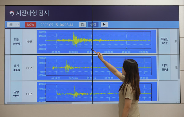 15일 서울 동작구 기상청에서 직원이 지진 발생 상황을 살펴보고 있다. 이날 오전 6시27분37초 강원 동해시 북동쪽 52㎞ 부근 해역에서 규모 4.5의 지진이 발생, 지진 위기경보 단계가 ‘관심’에서 ‘주의’로 상향됐다. 규모 4.5 이상 지진이 발생한 건 2021년 12월14일 제주 서귀포시 서남서쪽 41㎞ 해역에서 규모 4.9 지진이 발생한 뒤 1년5개월만으로 올해 발생한 지진 중 가장 규모가 크다. 2023.05.15 / 사진=[뉴시스]