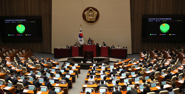 25일 오후 서울 여의도 국회 본회의장에서 열린 제406회국회(임시회) 1차 본회의에서 전세사기피해자 지원 및 주거안정에 관한 특별법안(대안)이 재석 272인 찬성 243인으로 가결되고 있다. 2023.05.25 / 사진=[뉴시스]