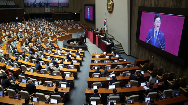 이재명 더불어민주당 대표가 19일 오전 서울 여의도 국회 본회의장에서 열린 제407회국회(임시회) 4차 본회의에서 교섭단체대표 연설을 하고 있다. 2023.06.19.