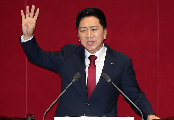 김기현 국민의힘 대표가 20일 오전 서울 여의도 국회 본회의장에서 열린 제407회국회(임시회) 5차 본회의에서 교섭단체 대표연설을 하고 있다. 2023.06.20.