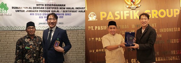 사진 왼쪽 Eko Prayitno Rumah Halal Korea (에코 프라잇노 / 루마할랄 센터장)과 이광연 회장 / 인도네시아 신할랄 산업협회(CNHI). 사진 오른쪽Pak Kiai Samsul / Ketua PWNU DKI JAKARTA (박 키아이 삼술 / NU 자카르타 회장)와 이광연 회장 / 인도네시아 신할랄 산업협회(CNHI). 