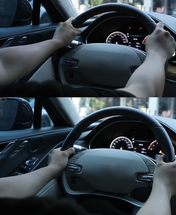 [사진설명]안전한 운전을 위한 10시 10분 파지법(위)과 9시 15분 파지법(아래)