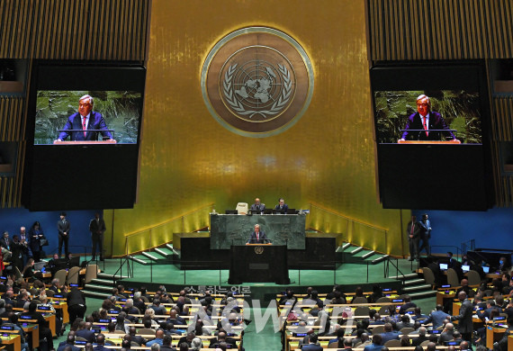 ▲안토니우 구테흐스 유엔 사무총장이 19일(현지시간) 제78차 유엔(UN)총회 일반토의 개막식 연설을 하고 있다. (사진=신화통신)