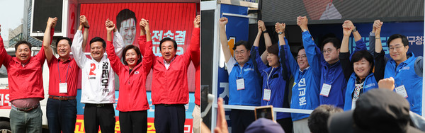 국민의힘 지도부와 더불어민주당 지도부가 28일 오전 서울 강서구 발산역과 화곡역 은근에서 서울 강서구청장 후보자 출정식을 가졌다. 사진 왼쪽은 국민의힘 강서구청장 후보자와 지도부, 오른쪽은 더불어민주당 강서구청장 후보자와 지도부 모습. 2023.09.28.