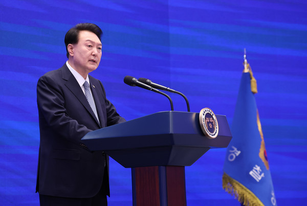 윤석열 대통령이 18일 청와대 영빈관에서 열린 제78주년 경찰의날 기념식에서 축사를 하고 있다.2023.10.18 / 사진=[대통령실통신사진기자단]