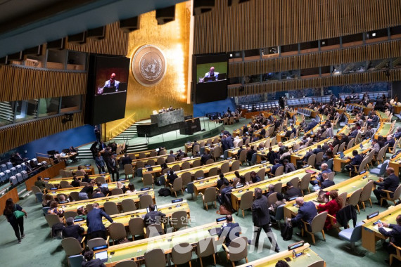 ▲26일(현지시간) 미국 뉴욕의 유엔본부에서 유엔(UN)총회 제10차 긴급특별총회가 열리고 있다. (사진=유엔 제공)