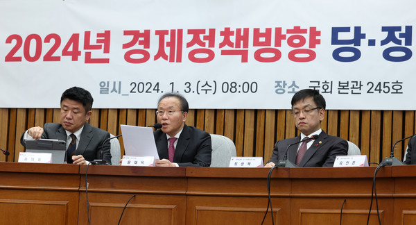 윤재옥 국민의힘 원내대표가 3일 오전 서울 여의도 국회에서 열린 2024년 경제정책방향 당정 협의회에서 발언을 하고 있다. 왼쪽부터 유의동 정책위의장, 윤 원내대표, 최상목 경제부총리 겸 기획재정부 장관. 2024.01.03.
