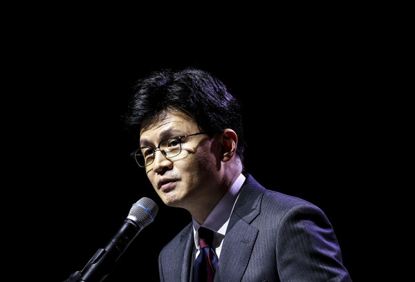 한동훈 국민의힘 비상대책위원장이 6일 경기 고양시 킨텍스에서 열린 김대중 탄생 100주년 기념식 '하나로 미래로'에서 축사를 하고 있다. 2024.01.06.