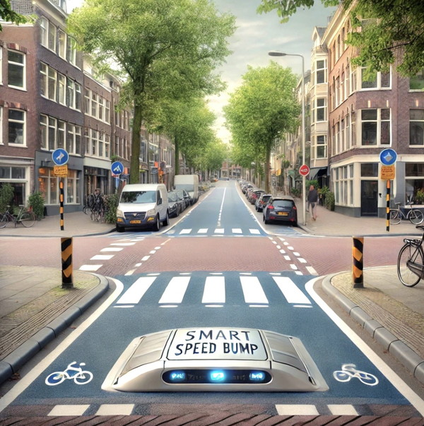 사진: 네덜란드는 스마트 과속방지턱을 도입해 도로 안전성을 높이고, 교통 흐름을 원활하게 하며 CO2 배출도 저감하고 있다. 규정 속도를 초과할 때만 과속방지턱이 작동하며, 규정 속도를 준수하는 차량에는 평평한 도로를 유지하여 불필요한 충격을 줄이고 있다. 출처: 자동차시민연합