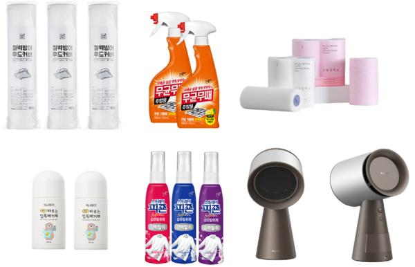 사진/(좌측 상단부터 시계방향) 깔끔대장 '철벽방어 후드커버', 피죤 '무균무때 세정제 주방용', 생활공작소 '빨아쓰는 행주타올', 좋은생활지웰 '노파 미니후드', 피죤 '스프레이피죤 시그니처 섬유탈취제', 마이비 '바르는 얼룩제거제' (이미지제공=각 사)