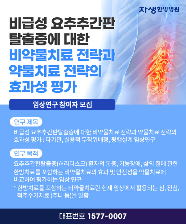 [사진설명] 허리디스크(요추추간판탈증)에 대한 비약물치료와 약물치료를 비교하는 임상연구 참여자 모집 포스터
