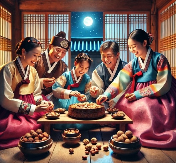 [사진설명] 정월대보름에 모여 부럼깨기하는 가족의 모습 (출처 ChatGPT 제작)