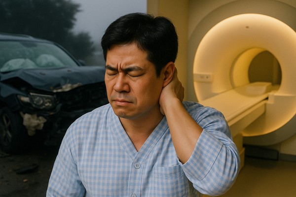 [사진설명] 목 통증을 호소하고 있는 교통사고 환자(출처-Chat GPT)