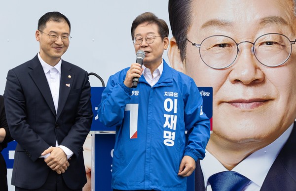 이재명 더불어민주당 대선후보가 16일 전북 익산시 익산역 동부광장에서 열린 유세에서 지지자들에 김상욱 무소속 의원을 소개하고 있다. (공동취재) 2025.05.16.