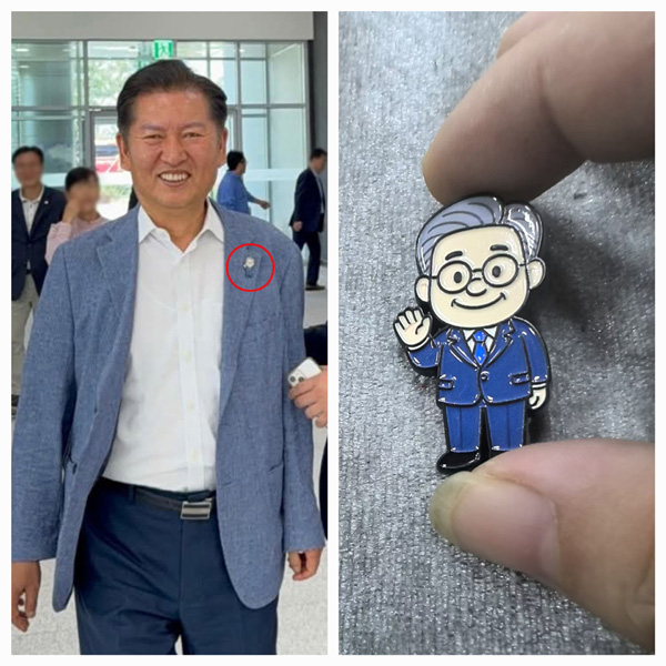 사진 : 좌측) 이재명 뱃지(빨간색 동그라미)를 착용한 정청래 더불어민주당 당대표 후보 (출처 : 정청래 공식 페이스북)