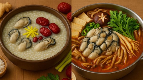 [사진설명] 굴 생강죽과 굴 전골 요리 (챗GPT 생성 사진)