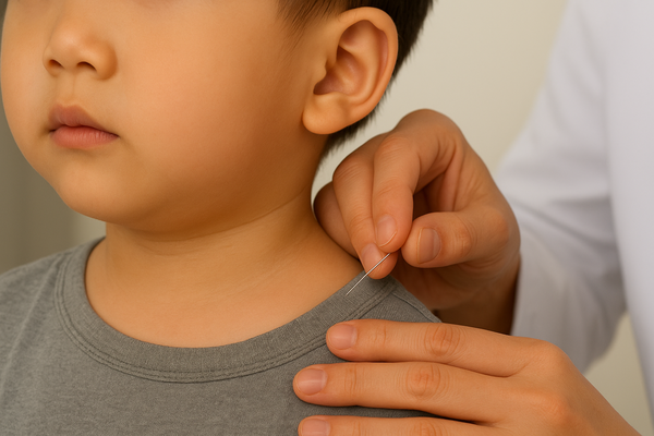 [사진설명] 침 치료를 받는 소아 환자 (출처 Chat GPT)